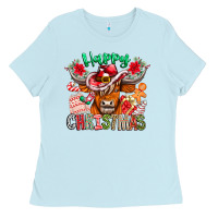 Baby Blue Happy Christmas Cow Ladies Tee - CowhideDigitalArt