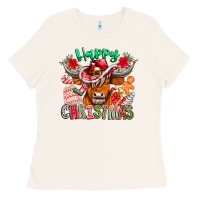 Bone Happy Christmas Cow Ladies Tee - CowhideDigitalArt