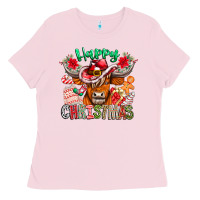 Bubblegum Pink Happy Christmas Cow Ladies Tee - CowhideDigitalArt