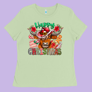 Happy Christmas Cow Ladies Tee Designed By Cowhidedigitalart