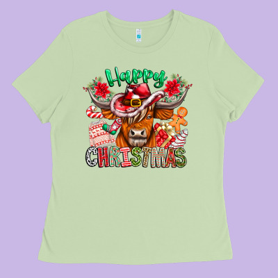 Happy Christmas Cow Ladies Tee Designed By Cowhidedigitalart