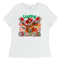White Happy Christmas Cow Ladies Tee - CowhideDigitalArt