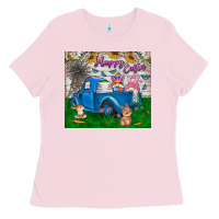 Bubblegum Pink happy easter truck Ladies Tee - CowhideDigitalArt