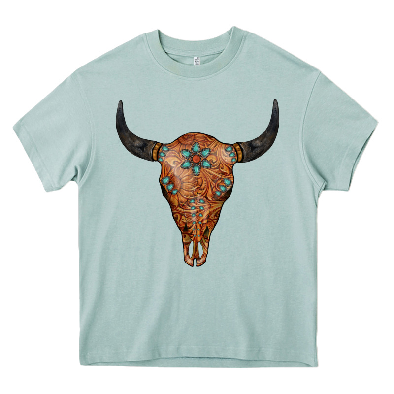 Western Tooled Leather Bull Skull Heavy Core Tee by Jasminsmagicworld | Teevron