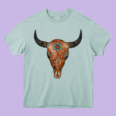 Western Tooled Leather Bull Skull Heavy Core Tee Designed By Jasminsmagicworld