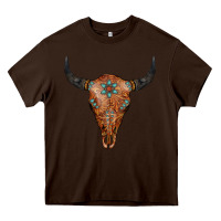 Chocolate Brown Western Tooled Leather Bull Skull Heavy Core Tee - Jasminsmagicworld