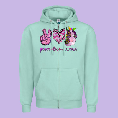 Peace Love Unicorn Zipper Hoodie Designed By Jasminsmagicworld