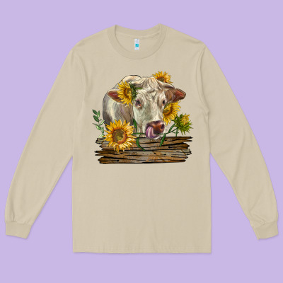 Charolais Cow With Sunflowers Long Sleeve Tee Designed By Lillyallendesigns