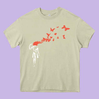 Banksy Headshot Butterfly Heavy Core Tee Designed By Artchic