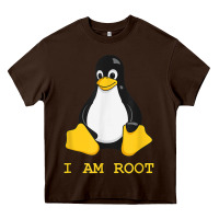 Chocolate Brown Linux Mascot Tux the Penguin I Am Root TShirt Men Women Kids Heavy Core Tee - PixelFlow