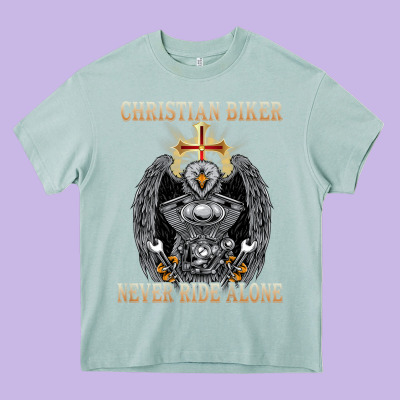 Jesus Christian Biker Never Ride Alone Heavy Core Tee Designed By Artmosaic