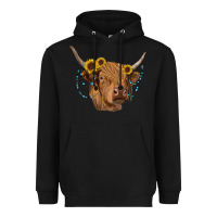 Black highland cow with sunflowers turquoise Heavyweight Hoodie - RanaPortraitStore