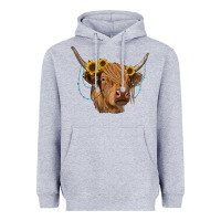 Heather Grey highland cow with sunflowers turquoise Heavyweight Hoodie - RanaPortraitStore