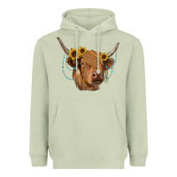 Matcha highland cow with sunflowers turquoise Heavyweight Hoodie - RanaPortraitStore