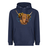 Navy highland cow with sunflowers turquoise Heavyweight Hoodie - RanaPortraitStore