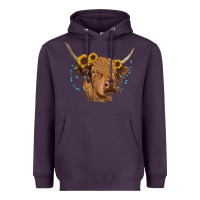 Plum highland cow with sunflowers turquoise Heavyweight Hoodie - RanaPortraitStore
