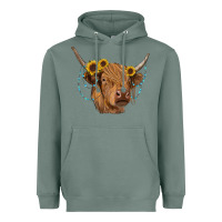 Sage highland cow with sunflowers turquoise Heavyweight Hoodie - RanaPortraitStore