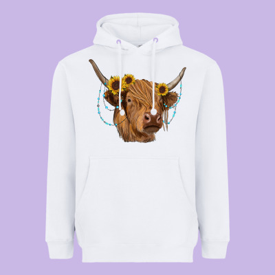 Highland Cow With Sunflowers Turquoise Heavyweight Hoodie Designed By Ranaportraitstore