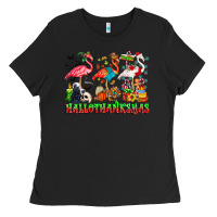 Black happy hallothanksmas flamingo Ladies Tee - CowhideDigitalArt