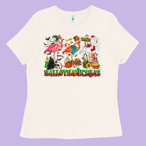 Happy Hallothanksmas Flamingo Ladies Tee Designed By Cowhidedigitalart
