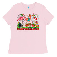 Bubblegum Pink happy hallothanksmas flamingo Ladies Tee - CowhideDigitalArt