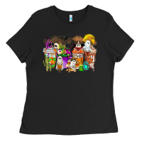 Black Halloween Western Boo Coffee Cups Ladies Tee - CowhideDigitalArt