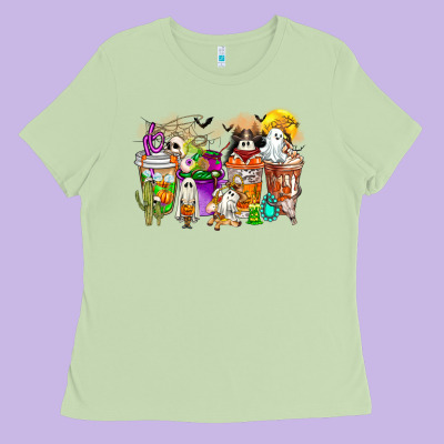 Halloween Western Boo Coffee Cups Ladies Tee Designed By Cowhidedigitalart