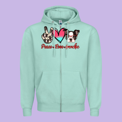 Peace Love Frenchie Zipper Hoodie Designed By Jasminsmagicworld