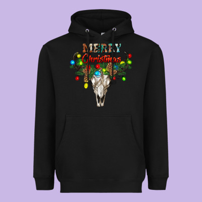 Merry Christmas Bull Skull Heavyweight Hoodie Designed By Ranaportraitstore