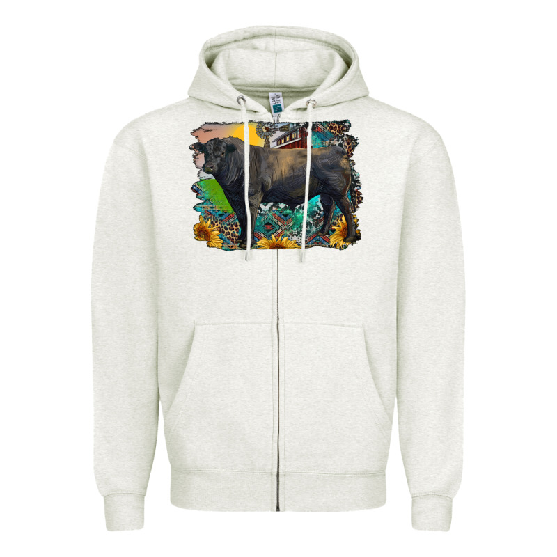 Black Angus Bull With Aztec And Farm Background Zipper Hoodie by RanaPortraitStore | Teevron