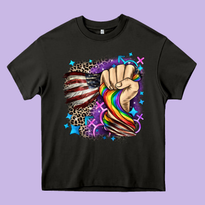 Lgbtq+ And American Flag Heavy Core Tee Designed By Fadigitalartstudio