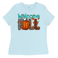 Baby Blue Welcome Fall Ladies Tee - CowhideDigitalArt