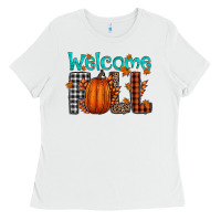 White Welcome Fall Ladies Tee - CowhideDigitalArt