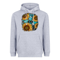 Heather Grey sunflower cowhide and turquoise patches Heavyweight Hoodie - RanaPortraitStore
