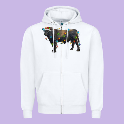 Christmas Black Angus Bull With Christmas Lights Zipper Hoodie Designed By Ranaportraitstore