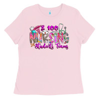 Bubblegum Pink 100 Nursing Students Teams Ladies Tee - CowhideDigitalArt