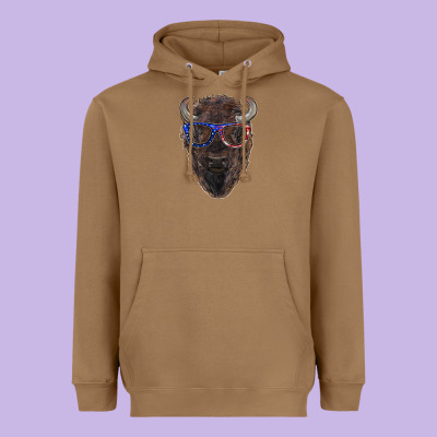 Bison With American Flag Glasses Heavyweight Hoodie Designed By Ranaportraitstore