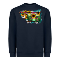 Navy Oklahoma Map Sunflower Cactus Serape Heavyweight Sweatshirt - RanaPortraitStore