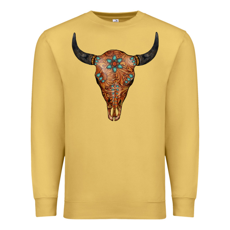 Western Tooled Leather Bull Skull Premium Sweatshirt by Jasminsmagicworld | Teevron