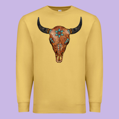 Western Tooled Leather Bull Skull Premium Sweatshirt Designed By Jasminsmagicworld