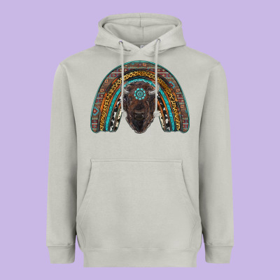 Western Rainbow With Bison Heavyweight Hoodie Designed By Ranaportraitstore