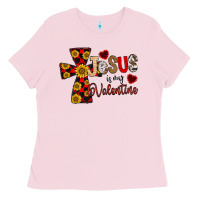 Bubblegum Pink Jesus is My Valentine Cross Ladies Tee - CowhideDigitalArt