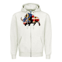 Oatmeal Heather american flag bison Zipper Hoodie - Jasminsmagicworld