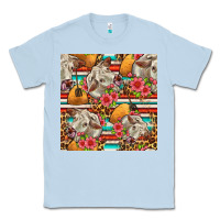 Dusty Blue western cow with hay and flowers seamless pattern Classic Tee - FaDigitalArtStudio
