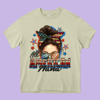 All American Nana Messy Bun Heavy Core Tee Designed By Fadigitalartstudio