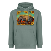 Sage western bison with sunset background Heavyweight Hoodie - RanaPortraitStore