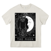 Cream tarot card crescent moon and cat graphic Heavy Core Tee - artisFamous