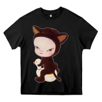 Black Yoshitomo Nara Cute Cat Heavy Core Tee - artisFamous