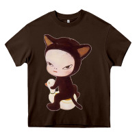 Chocolate Brown Yoshitomo Nara Cute Cat Heavy Core Tee - artisFamous