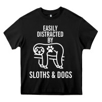 Black easily distracted by sloths and dogs funny sloth quote paw print Heavy Core Tee - artisFamous